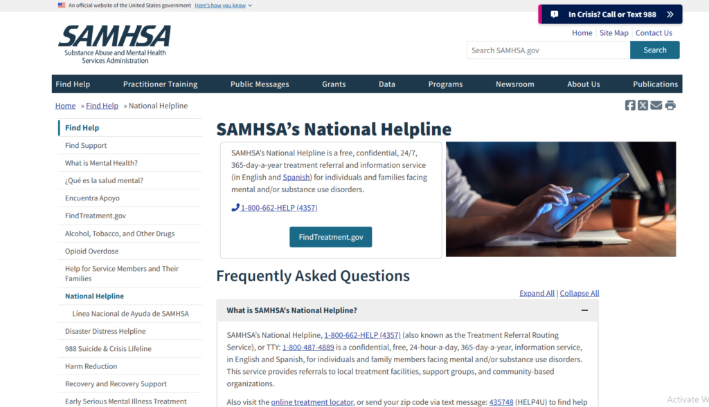 SAMHSA’s National Helpline  website
